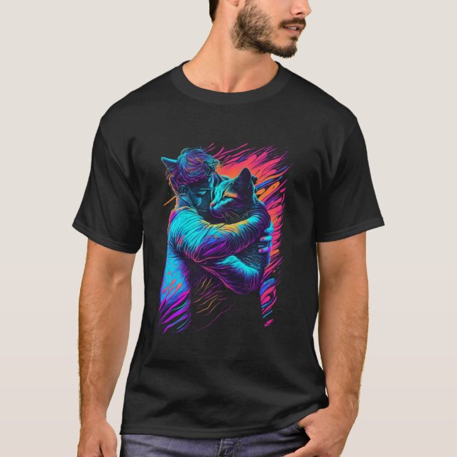 Cat Hug Colourful Psychedelic Art T-Shirt (Front)