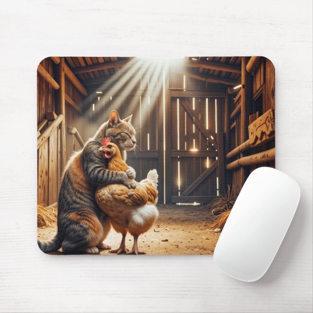 Cat Hugging a Farm Chicken Mouse Mat (With Mouse)