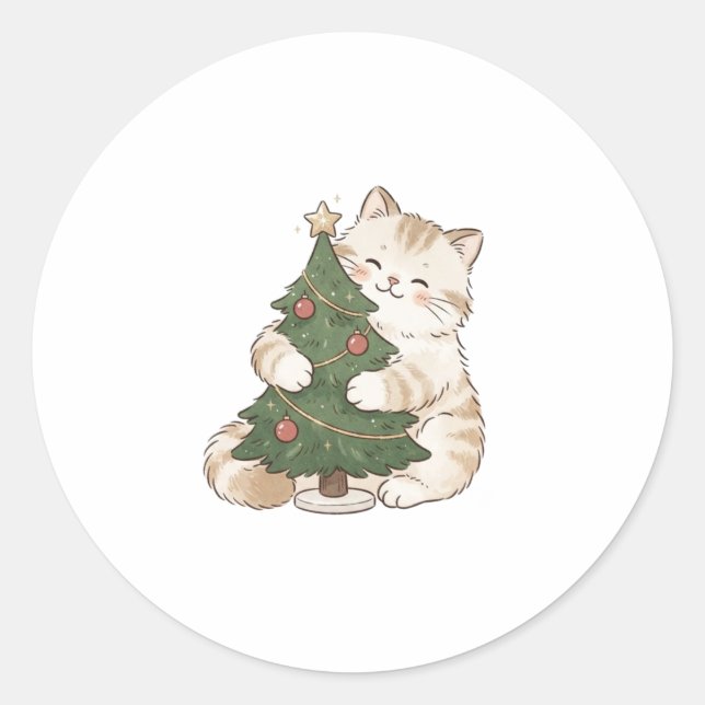 Cat Hugging Tiny Christmas Tree Sticker (Front)