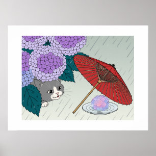 Cat Hydrangea Rain Ajisai Nerikiri Japanese Art Poster