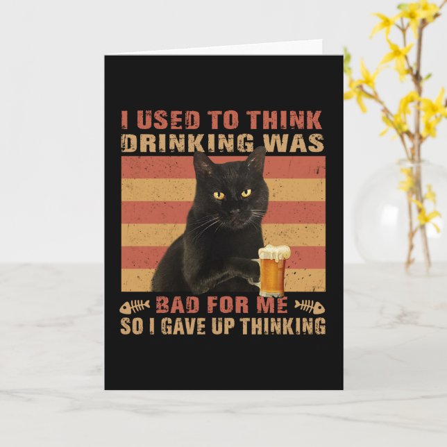 Cat I Used To Think Drink Was Bad Funny Black Cat Card (Yellow Flower)