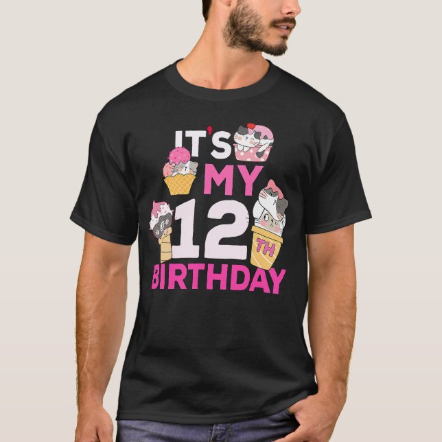 Cat Ice Cream Its My 12th Birthday 12 Year Old Gif T-Shirt (Front)