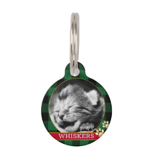 Cat Id, Pawprint Green Buffalo Plaid, Kitten Photo Pet Tag