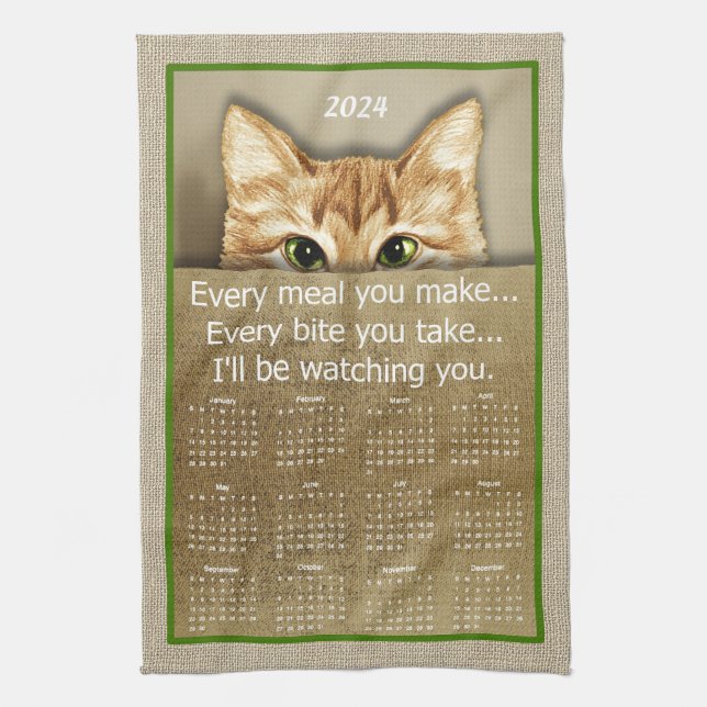 Cat I'll Be Watching You Song Parody 2024 Calendar Tea Towel (Vertical)