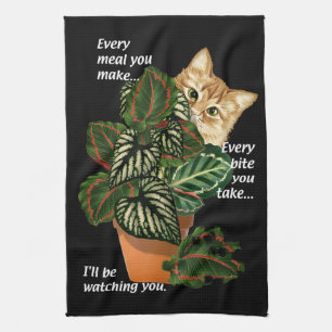 Cat I'll Be Watching You Song Parody Potted Plants Tea Towel