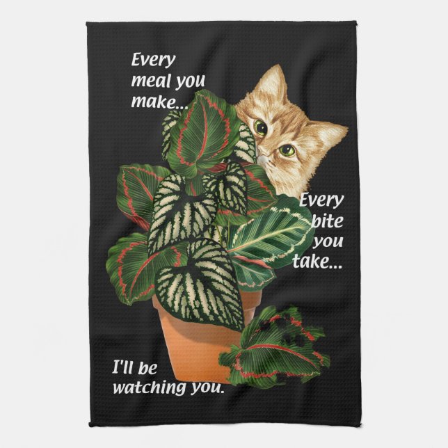 Cat I'll Be Watching You Song Parody Potted Plants Tea Towel (Vertical)