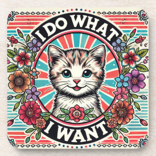 Cat Illustration with Flowers and Positive Slogan Coaster