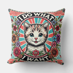 Cat Illustration with Flowers and Positive Slogan Cushion