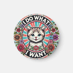 Cat Illustration with Flowers and Positive Slogan Magnet