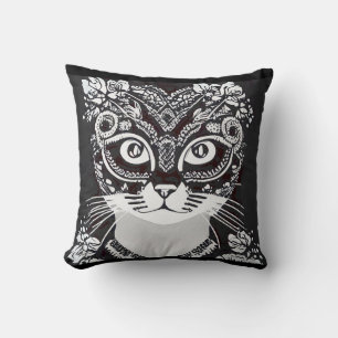 Cat in a Black and White Mardi Gras Mask Cushion