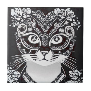 Cat in a Black and White Mardi Gras Mask Tile