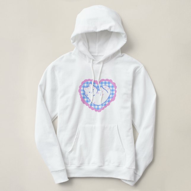 Cat in a Blue Gingham Heart  Hoodie (Design Front)