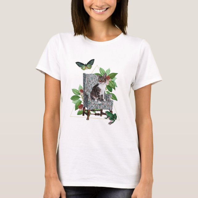 Cat in a Chair Frog Butterfly Collage T-Shirt (Front)