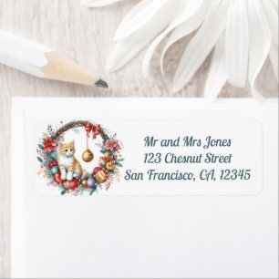 Cat in a Christmas Floral Wreath 2- Return address