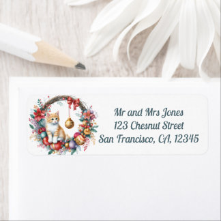 Cat in a Christmas Floral Wreath 2- Return address