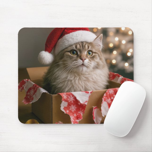 Cat In a Christmas Gift Box Mouse Mat (With Mouse)