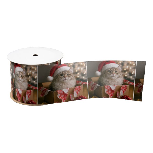 Cat In a Christmas Gift Box Satin Ribbon (Spool)