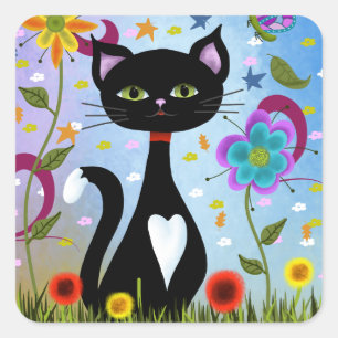 Cat In A Garden Abstract Art Square Sticker