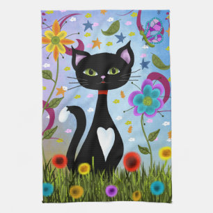 Cat In A Garden Abstract Art Tea Towel