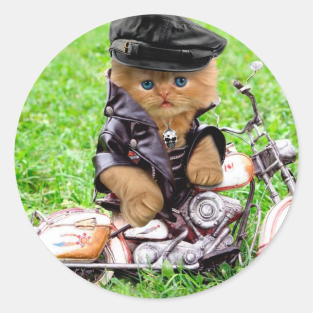 Cat in a motorcycle classic round sticker (Front)