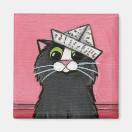 Cat in a Paper Hat Whimsical Magnet