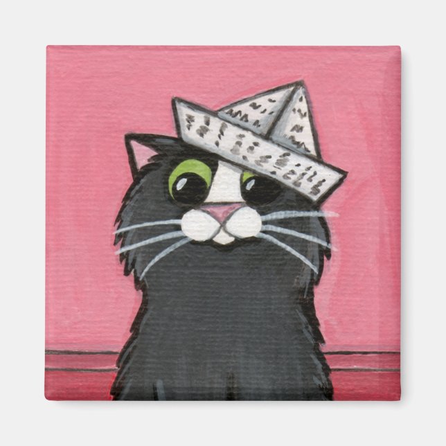 Cat in a Paper Hat Whimsical Magnet (Front)