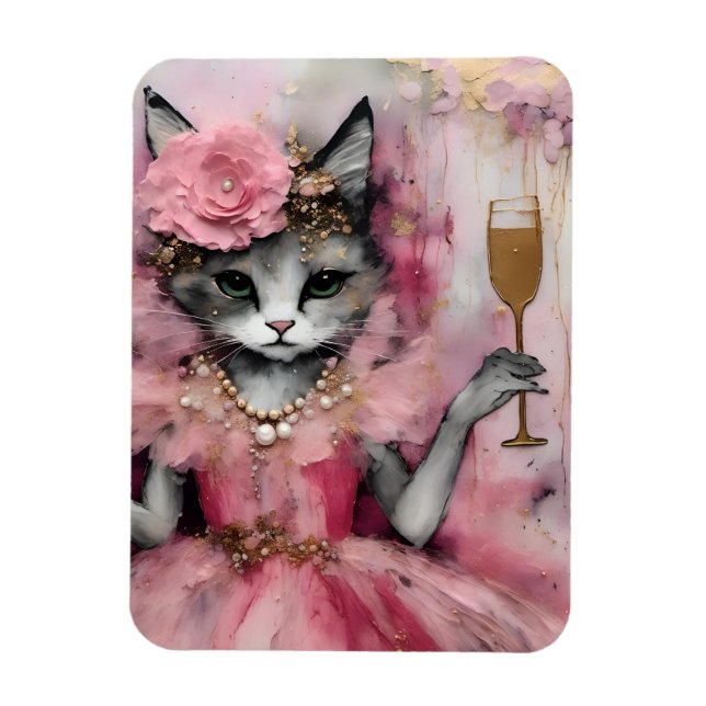Cat in a Pink Dress with a Golden Drink Magnet (Vertical)