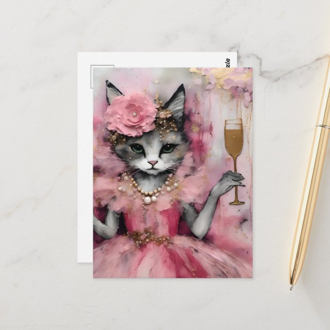 Cat in a Pink Dress with a Golden Drink Postcard (Front/Back In Situ)