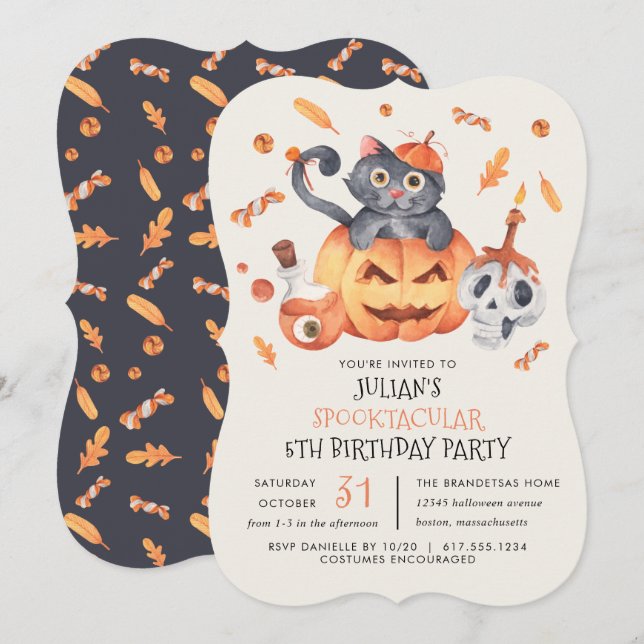 Cat in a Pumpkin Halloween Kid Birthday Party Invitation (Front/Back)