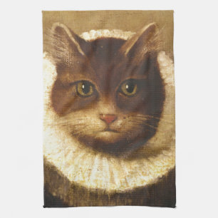 Cat In A Ruff Cute Victorian Art Vintage Painting Tea Towel
