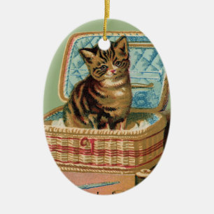 Cat in a Sewing Basket Ceramic Tree Decoration