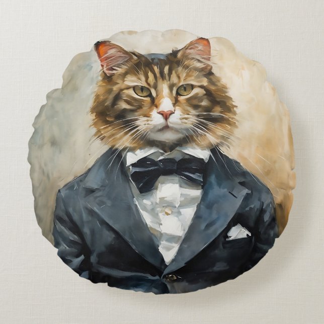 Cat in a Suit Round Cushion (Front)