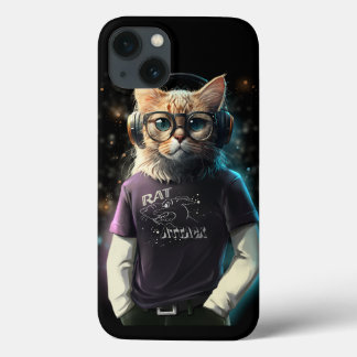 Cat in a t-shirt, headphones and glasses iPhone 13 case