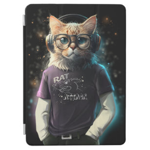 Cat in a t-shirt, headphones and glasses iPad air cover