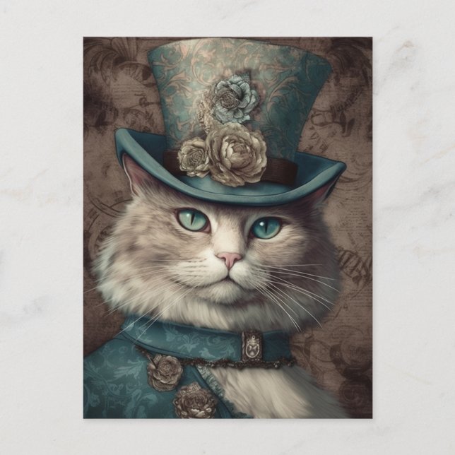 Cat in a Tophat Steampunk Vintage Postcard (Front)