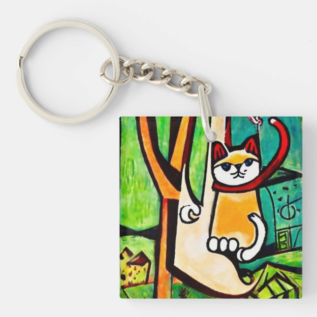 Cat in a tree- abstract naive key ring (Front)