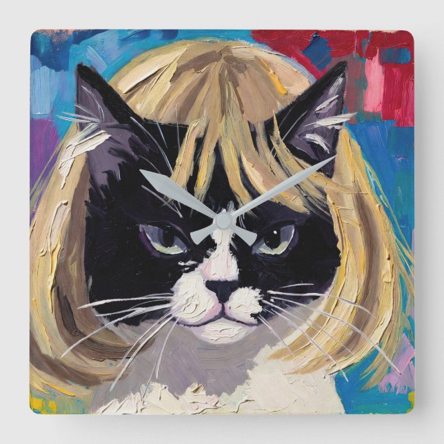 Cat In A Wig (#5) Square Wall Clock (Front)