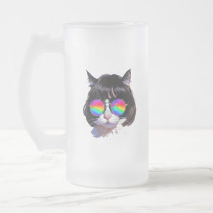 Cat in a Wig + Sunglasses (Painting #1) Frosted Glass Beer Mug