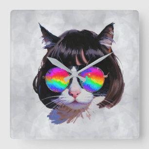 Cat in a Wig + Sunglasses (Painting #1) Square Wall Clock