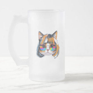 Cat in a Wig + Sunglasses (Painting #2) Frosted Glass Beer Mug