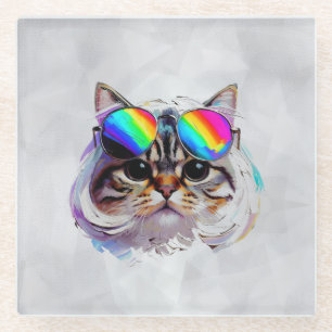 Cat in a Wig + Sunglasses (Painting #3) Glass Coaster