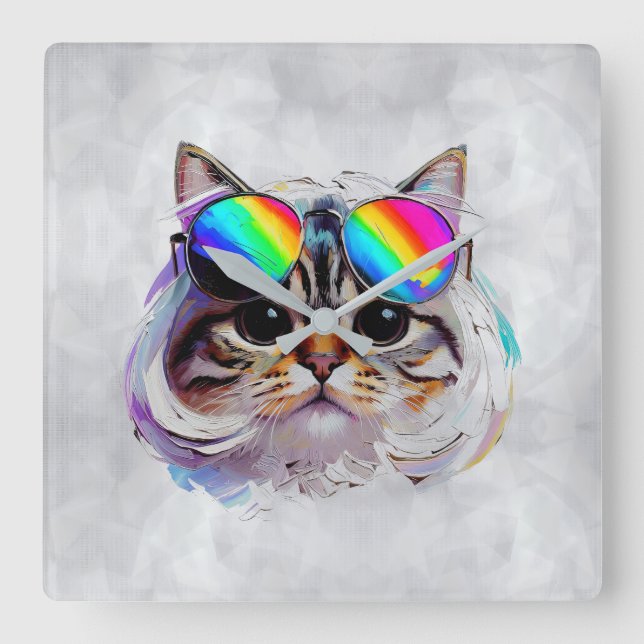 Cat in a Wig + Sunglasses (Painting #3) Square Wall Clock (Front)