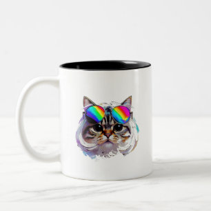 Cat in a Wig + Sunglasses (Painting #3) Two-Tone Coffee Mug