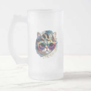 Cat in a Wig + Sunglasses (Painting #4) Frosted Glass Beer Mug