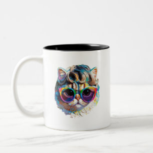Cat in a Wig + Sunglasses (Painting #4) Two-Tone Coffee Mug
