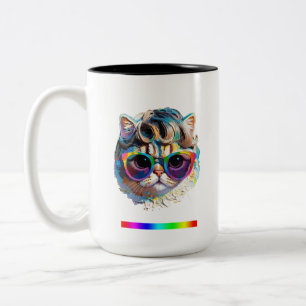 Cat in a Wig + Sunglasses (Painting #4) Two-Tone Coffee Mug
