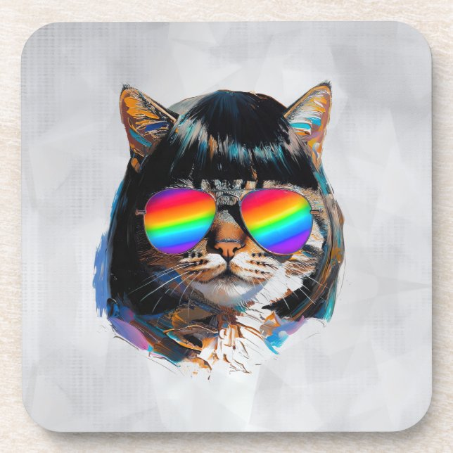 Cat in a Wig + Sunglasses (Painting #5) Coaster (Front)