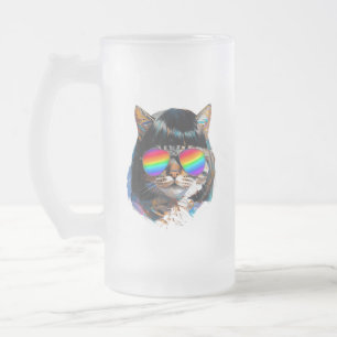 Cat in a Wig + Sunglasses (Painting #5) Frosted Glass Beer Mug