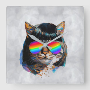 Cat in a Wig + Sunglasses (Painting #5) Square Wall Clock
