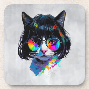Cat in a Wig + Sunglasses (Painting #6) Coaster